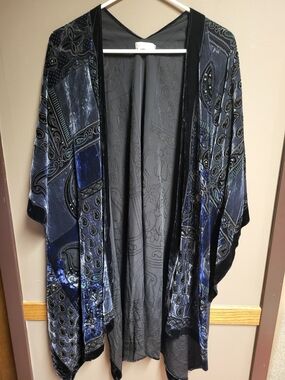 Free People Dark Paradise Beaded Velvet Open-Front Kimono Navy & Black